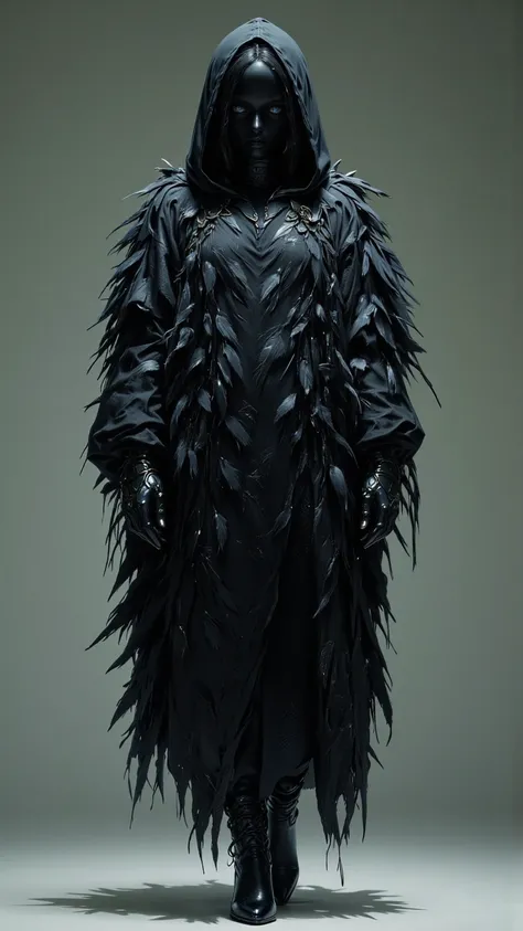 Dark and mysterious figures enveloped in a black feather cloak。 creates a uniform silhouette of a person wearing hooded clothing，The hooded garment is filled with scattered flowing black feathers。 Full Body Image，walk； The motion captured in still images。 ...