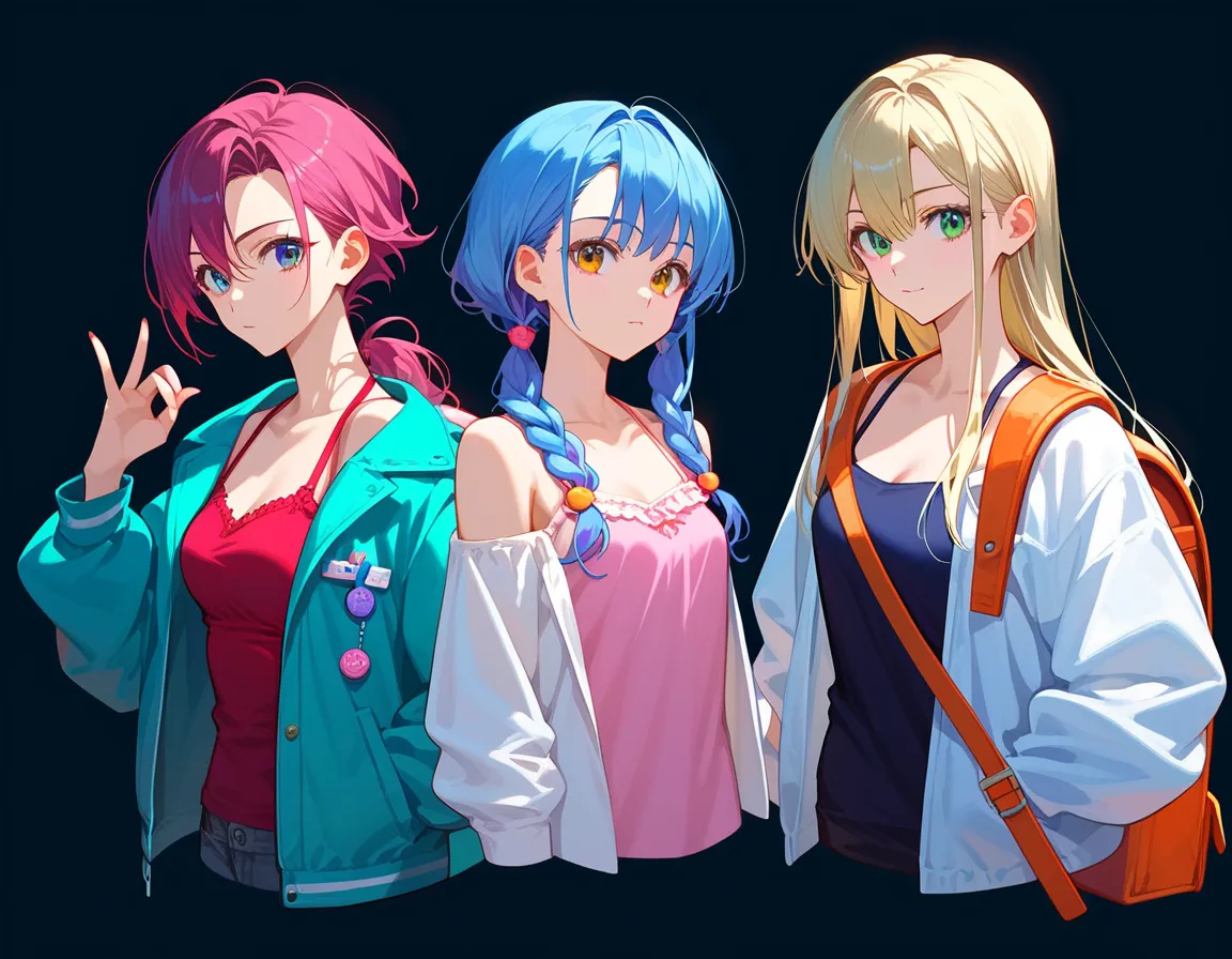 3 girls, anime characters, outfit designs, diverse outfits, (upper body character design), outfit design, fashion concept art, knit, shirt, shorts, skirt, blouse, halter neck,  jacket, camisole, long pants, holding bag, different haircolor, backpack, hand ...