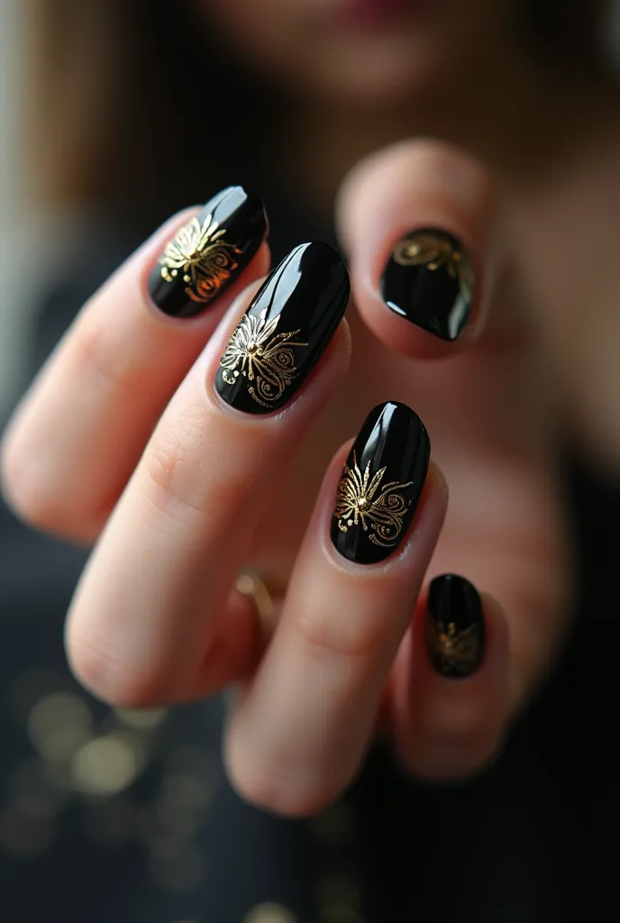 Close-up of women's hands with spectacular nails and a unique design,  nails painted black with gold details