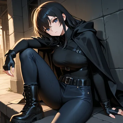 Female American. Design: One-shoulder black shirt WITHOUT sleeves. Tight black jeans with a belt, tucked into combat boots. Wears a black cloak. Long black hair, swept to the right. Long fingerless leather gloves.