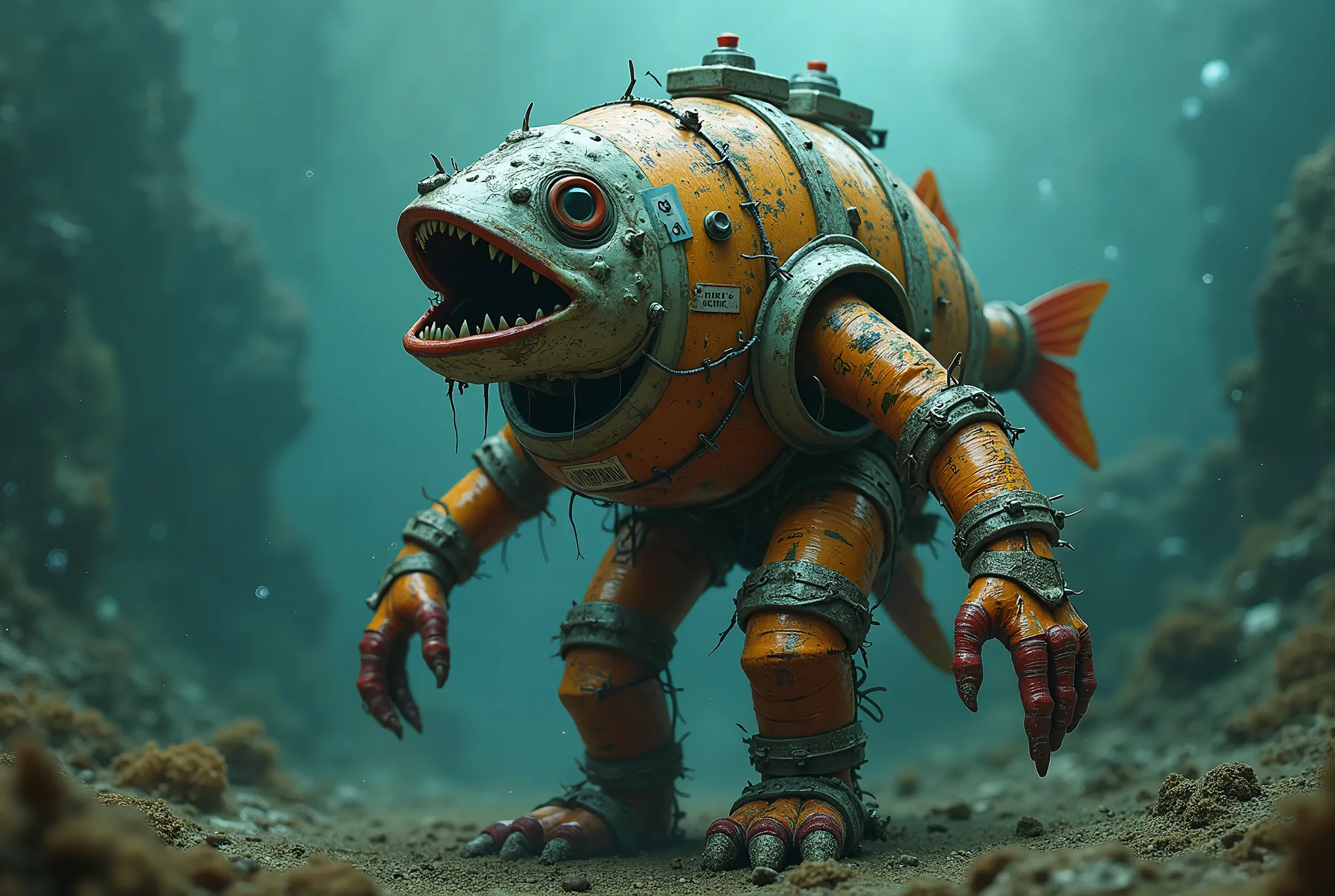 Surreal creature. Anthropomorphic creature in a spacesuit constructed from used cans, with the head of a fish. Crumpled dirty cans of canned fish, scraps of stickers, wire bound. Underwater Scene. Strong punk vibe