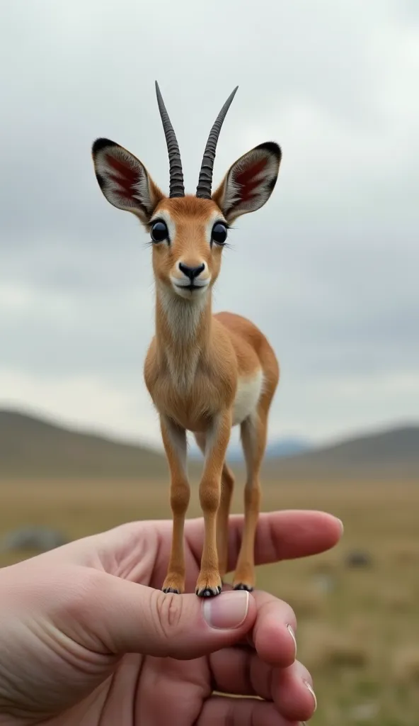 "A photorealistic image of a small antelope with large eyes, a short proboscis and light fur (saiga) standing on a huge human finger. The background is a steppe with low hills and a gray sky. The style is photorealism with an emphasis on size contrast."