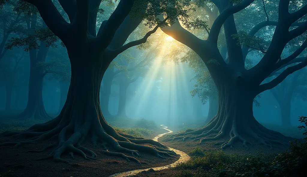 " A dense and mysterious forest , illuminated by ethereal floating lights. Impressive trees with ancient roots intertwined glow softly in shades of blue and gold, as if charged with spiritual energy. A mystical mist snakes across the ground, as beams of he...