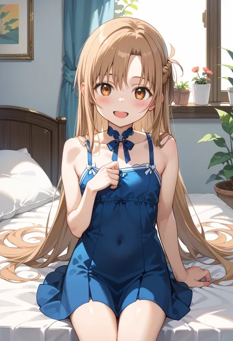 ((Highest quality)), ((masterpiece)), (be familiar with), perfect face, indoors, bedroom, watching viewers,
One woman, Asuna Yuki,
open mouth, ecstatic expression, blush, smile,
 small tits, flat chest, Young girl,  lori,  ,  girl,
 long hair, long hair,
 ...