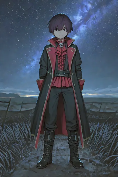 Courrier pirate young man, gothic clothes, mischievous look,Background green fields in the moonlight, starry sky