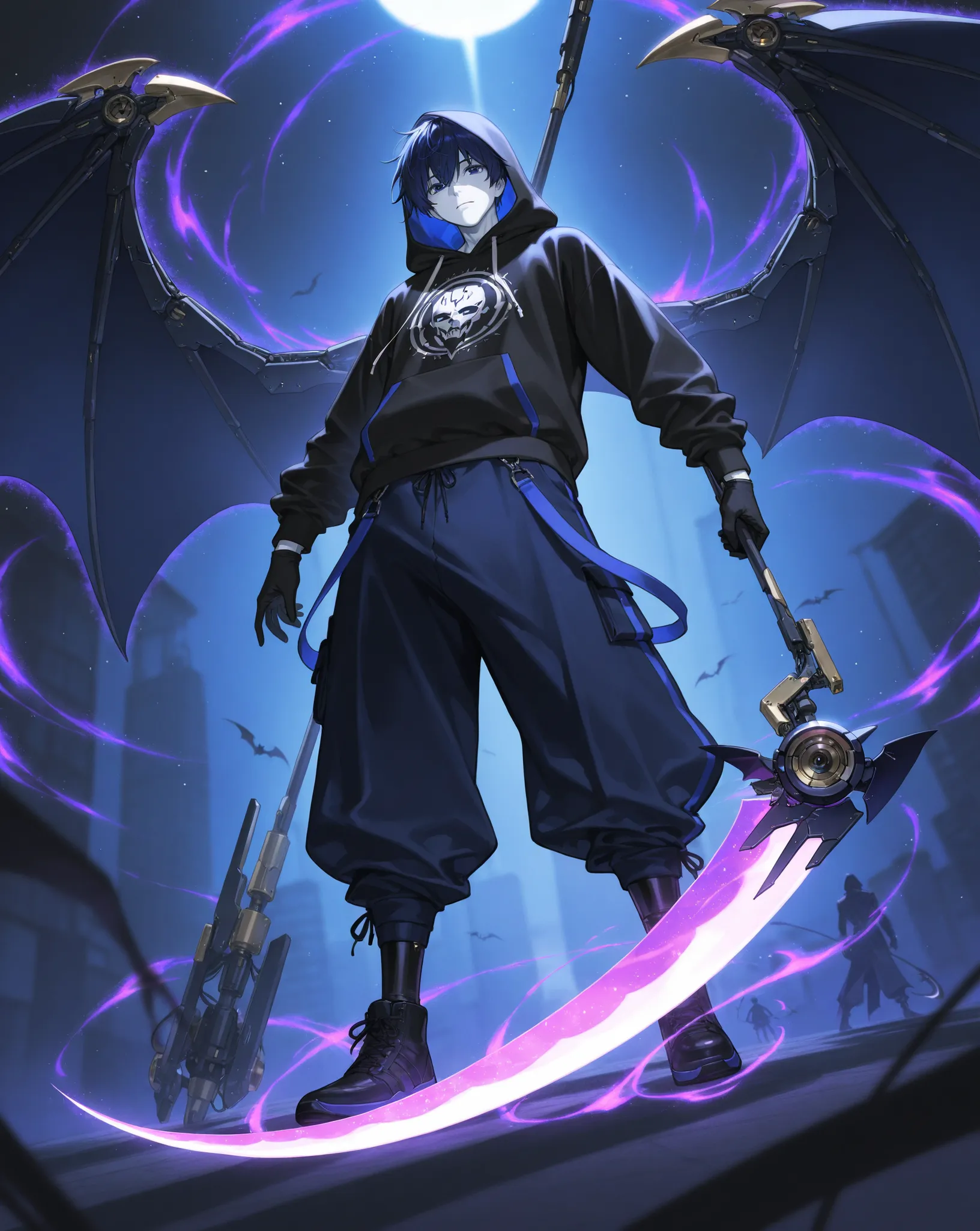 dark blue hair、1 Man、 hoodie、dark blue eyes、best image quality、highest resolution、huge pants、Devil&#39;s Wings、 white skin、Scythe（mechanical）、Cosmic Aura