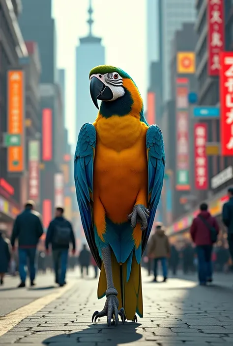 Make a parrot in a full-bodied human body walking down the street 