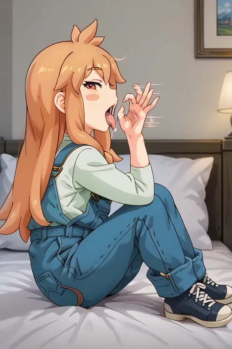 (( top quality)), (( Masterpiece)), ( Details), sexy, ninjin, 1girl, orange hair, blush stickers, blue overalls, green shirt, blue shoes, fellatiogesturefromside6135, fellatio gesture, from side, tongue out, open mouth, creampie,