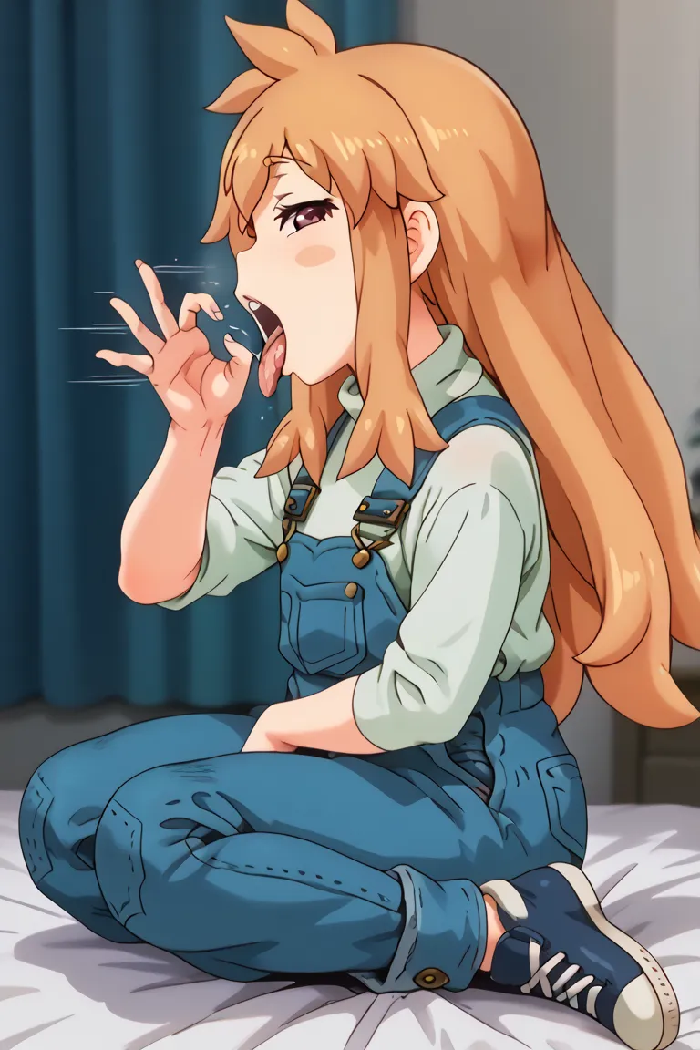 (( top quality)), (( Masterpiece)), ( Details), sexy, ninjin, 1girl, orange hair, blush stickers, blue overalls, green shirt, blue shoes, fellatiogesturefromside6135, fellatio gesture, from side, tongue out, open mouth, creampie,