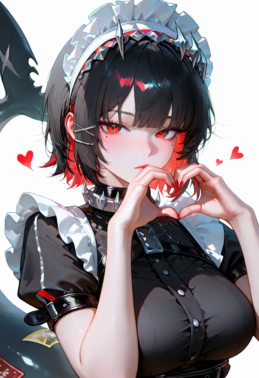 ellenJoeZzz, 1girl, black hair, breasts, colored inner hair, fingernails, heart, heart hands, large breasts, looking at viewer, maid, maid headdress, 


mole, mole under eye, multicolored hair, nail polish, red eyes, red hair, red nails, shark tail, short ...