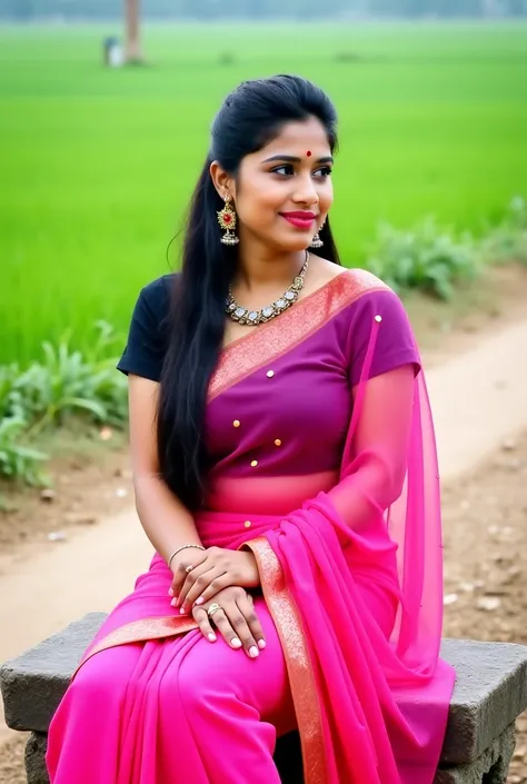 A sexy bhabi with medium skin tone is sitting on a stone bench in a rural setting, front view, surrounded by lush green fields. She is wearing a black short blouse and pink saree. Her dark hair is styled neatly, and she is adorned with traditional Indian j...