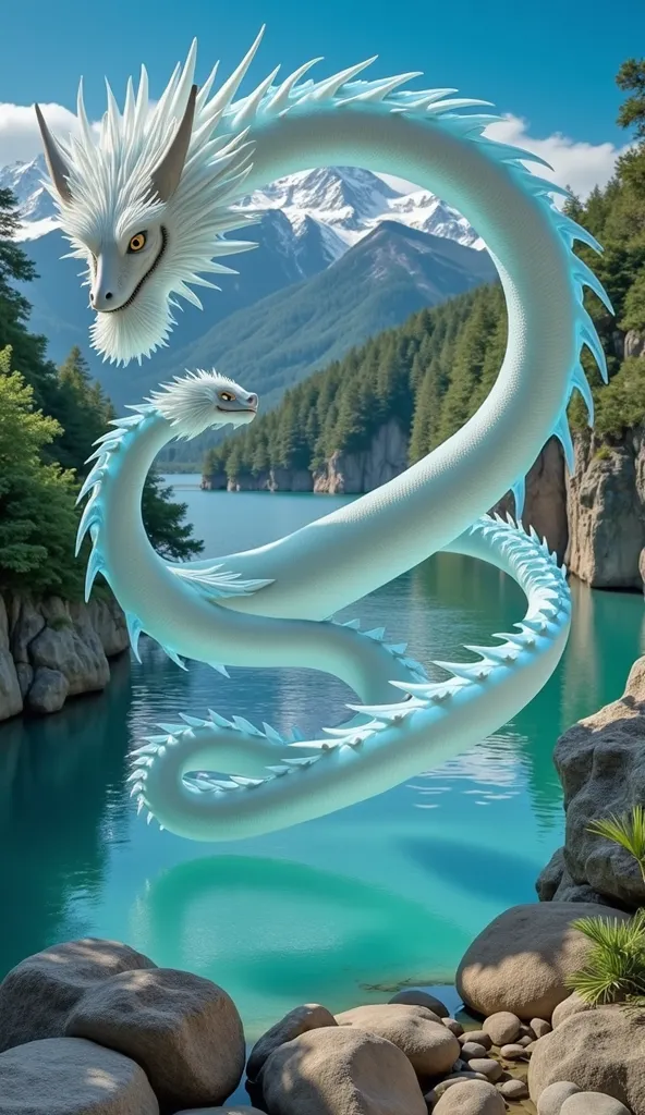 The photo shows a beautiful landscape with a white dragon, stands out from the natural landscape. 

## Detailed description of the photo:

** dragon :**

- The dragon in pure white color, with its winding and rather large body. 
- The dragon's distinguishi...