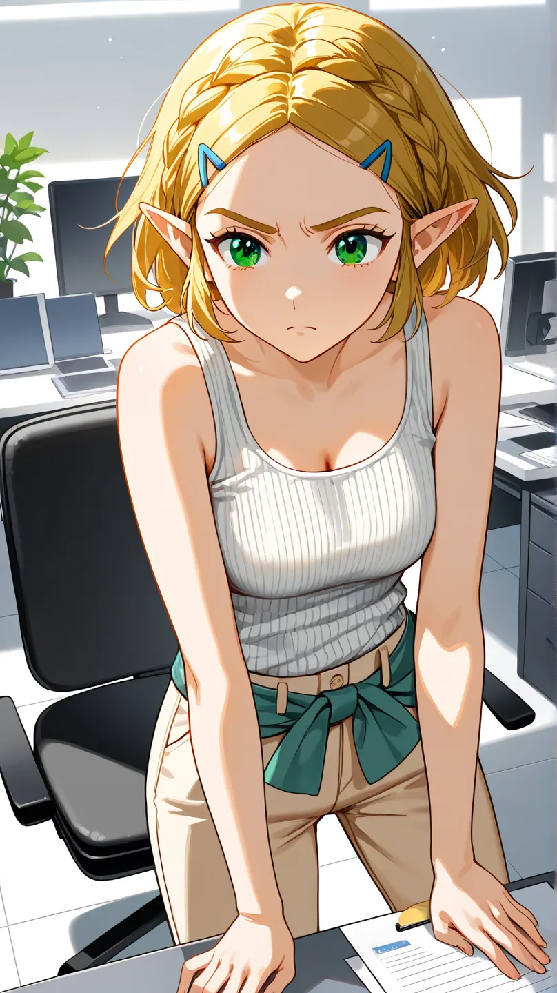 Princess Zelda in the real world wearing real-world clothes as a secretary, White ribbed tank top, beige pants