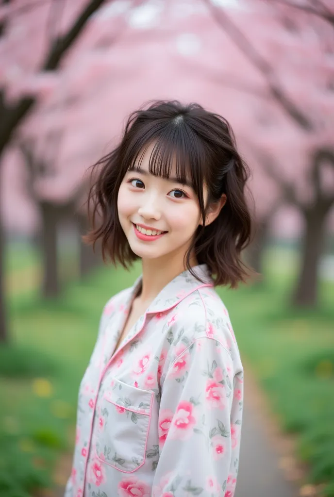 A photo of a beautiful Japanese actress taken for a promotional video. . Shooting data: Full-frame digital camera, 50mm, f14.1/125sec, iso100, daylight 1girl,17yo smile Bobcut　big eyes　round face　Strolling along the Sagira trees under the cherry blossoms i...