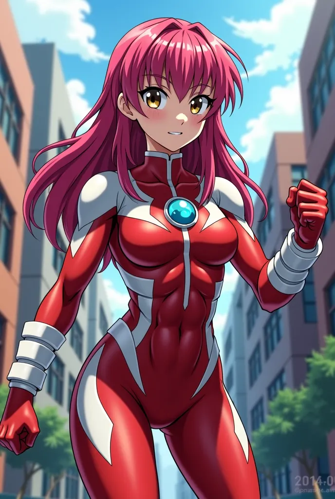 My Hero Academia Style , Anime girl, female, young female,muscular female,Full Body Shot,(fighting Pose:2),Long hair, Red Hair,  Brown Eyes,Hero Suit, Full Body Suit, red suit with white details,small round blue jewel in the center of the chest, perfect an...