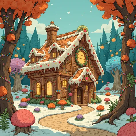 There's a gingerbread house made of candy in the middle of the forest , Hansel and Gretel、   candy forest  , Little house in the woods,  Fantastic forest,  illustration, house in the forest, Dreamy illustration , house in the forest,  adorable creature   ,...