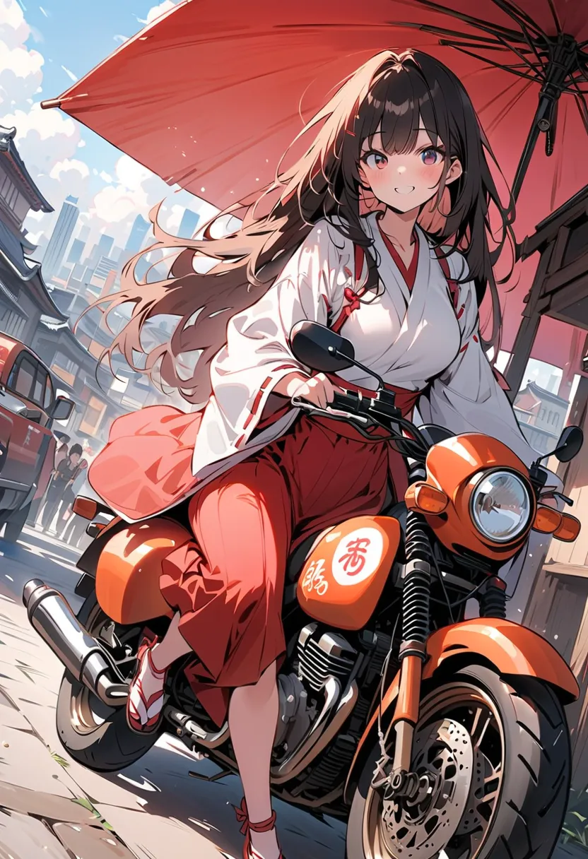 masterpiece,best quality, 1 woman, 22 years old, kawaii,long hair,miko, japan cityscape, outdoors, dutch angle, lineart,water color,rakkun girl,ride a motorcycle