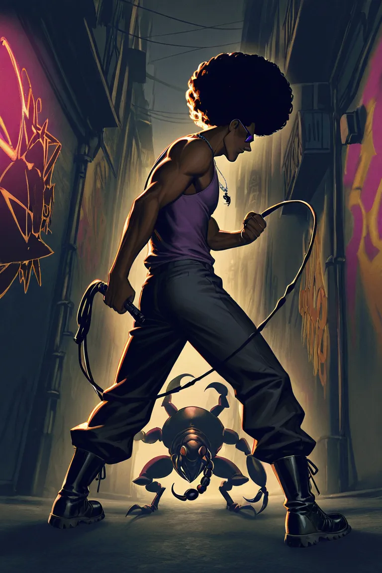 In a dark, urban, graffiti-covered alley, a narrow, dimly lit street sets the stage for a tense combat scene. At the center, Scorpion de Prata—a man standing 1.85m tall, athletic, with Afro braids, wearing dark purple sunglasses, a dark purple tank top, bl...