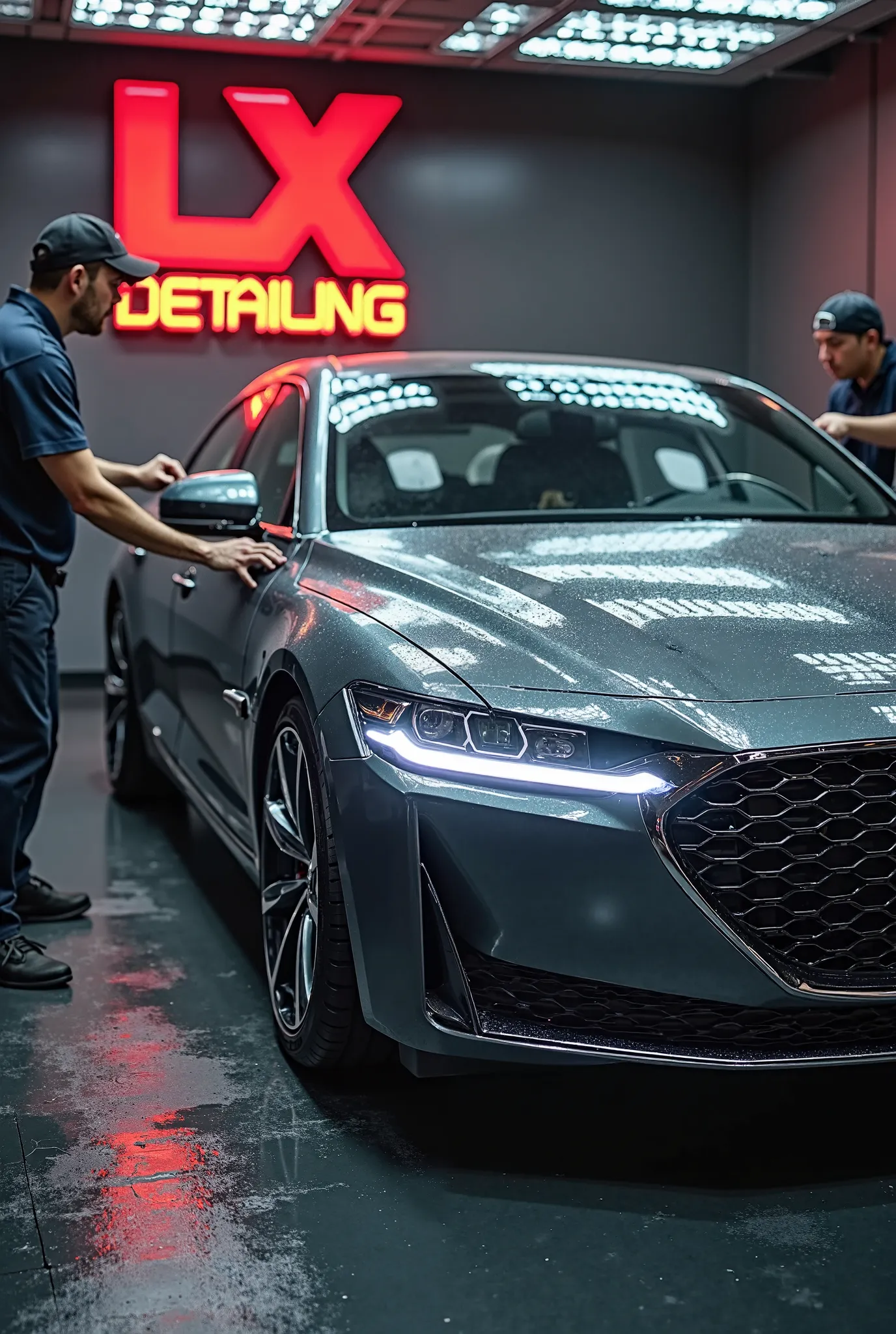 Little men polish a 2015 Genesis eq900 gray 1st generation ,dark grey in a cool detailing center called LX detailing , The LX logo in red must be shown in large print 