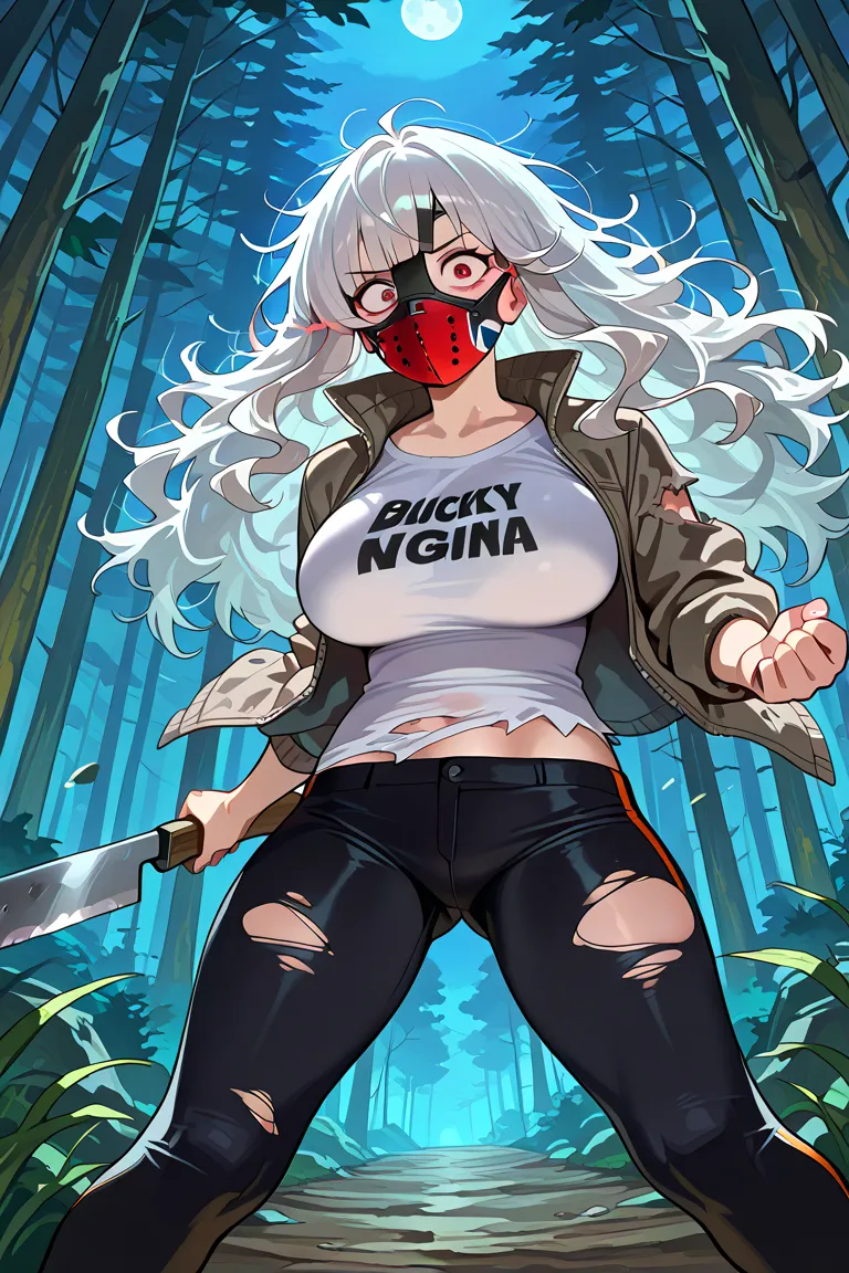 (masterpiece, t-shirt, amazing quality, very aesthetic), forest,  night, luz de luna, [ wooden cabin ], 1 girl, \(Alone , Ripped gray jacket,  Grey Ripped Jacket , (hockey face mask), , pantalones negros, Big breasts, [machete], long hair, messy hair, silv...