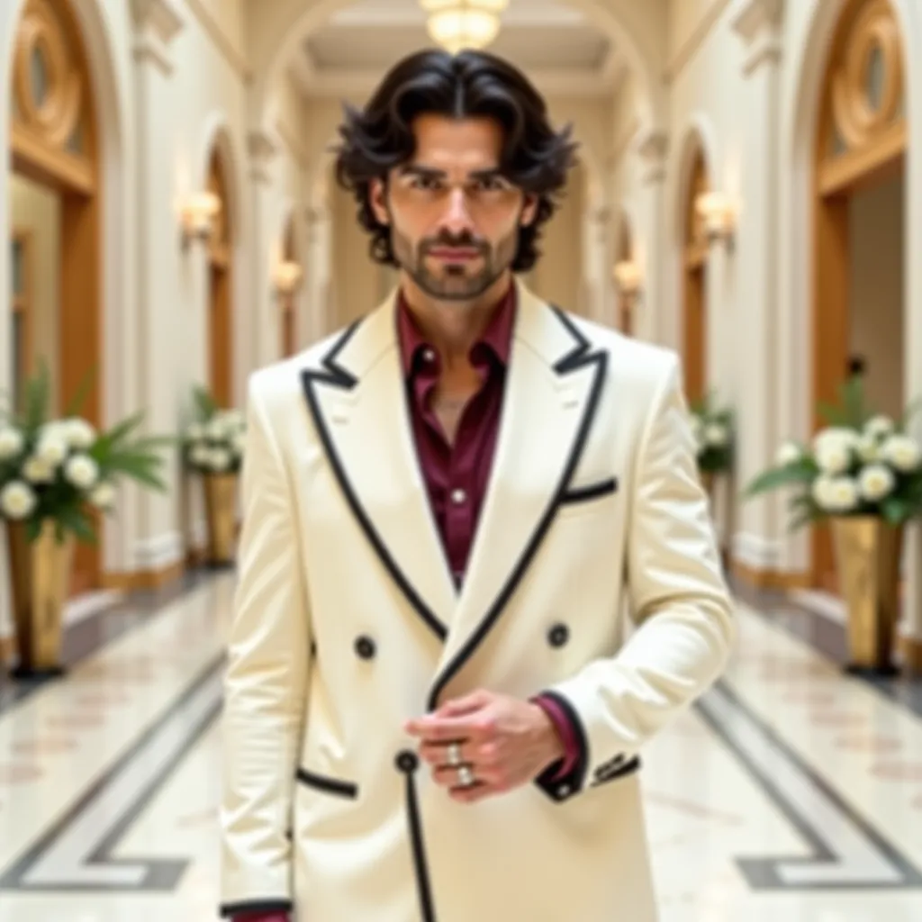  A European  Actor man ,  wavy black hair eclectic physique ,  muscular.  He wears a  coat in ivory  suit with black piping on the edges of the coat , consisting of  tailoring pants ,  combined with a linen light maroon shirt ,  who adds a casual touch to ...