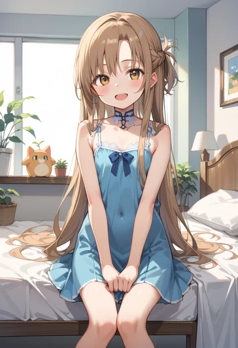 ((Highest quality)), ((masterpiece)), (be familiar with), perfect face, indoors, bedroom, watching viewers,
One woman, Asuna Yuki,
open mouth, ecstatic expression, blush, smile,
 small tits, flat chest, Young girl,  lori,  ,  girl,
 long hair, long hair,
 ...