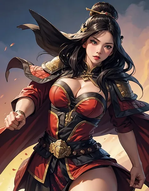 4K, High definition,  Koei Three Kingdoms style, 1 female, sexy expression, huge boobs, wide hips in the country, thick thighs, slim waist, 서서 and look straight ahead. and look straight ahead, black hair, long hair,  straight bangs , straight bangs,  black...