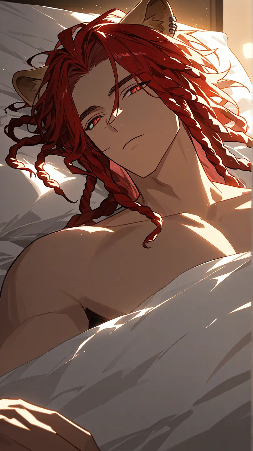 A handsome man with dreadlock-style red hair and red eyes with ears like a lion sleeping on a bed, manhwa art