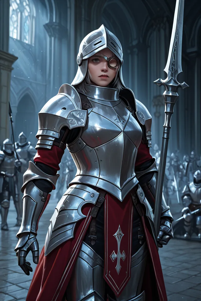 A knight wearing silver armor made of steel. My face is covered by a silver helmet, A red eyeglass comes out from between the pitches. A long spear is held in one hand.