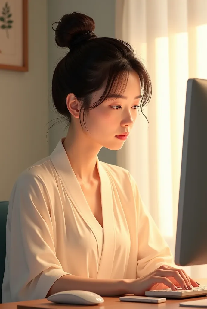 Profile of a woman who earns money from side jobs、I'm working on my computer、illustration style、 beauty、 Japanese