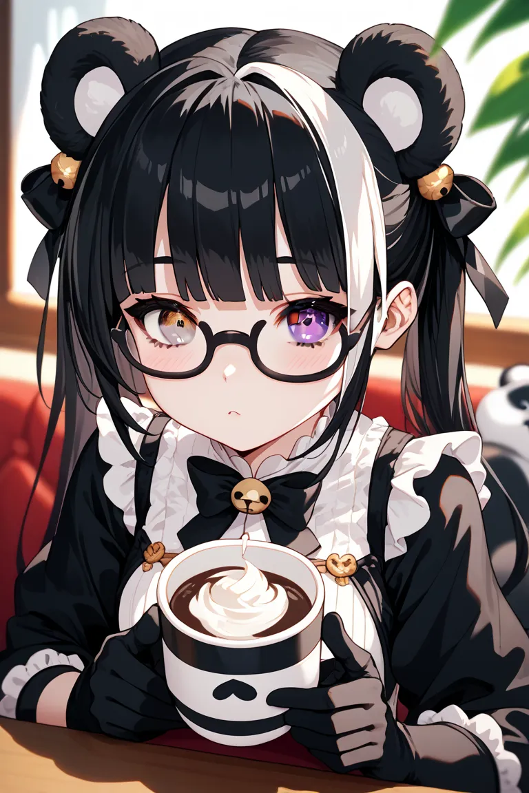  score_9, score_8_up, source_anime,rating_ ,  long black hair,Light Blush,heterochromia, gray eyes,  panda ear, panda girl,Panda&#39;s Tail, color,gloves,depth of field,cute, c cup,black rimmed glasses