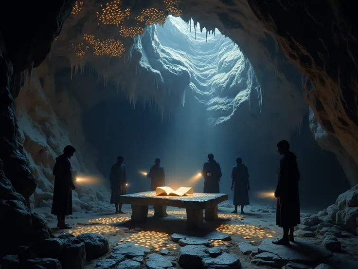 A dark cave in ultrahd, with stone walls that glow softly in shades of blue and silver. In the center of the cave, a stone table with an ancient open scroll, emitting a golden light that illuminates the entire scene. Around the table, human figures in silh...