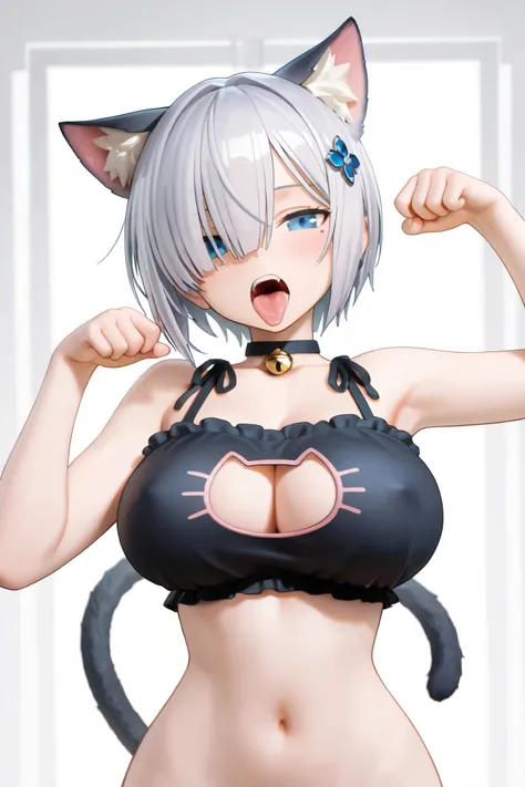 NSFW,masterpiece,Highest quality,High Resolution,very detailed, short girl,Timid girl, Silver Hair,short hair, short hair,One eye is covered by bangs, blue eyes,moles around eyes,hair ornaments close to the garden,Big Breasts, cat lingerie,Cat ears, cat's ...