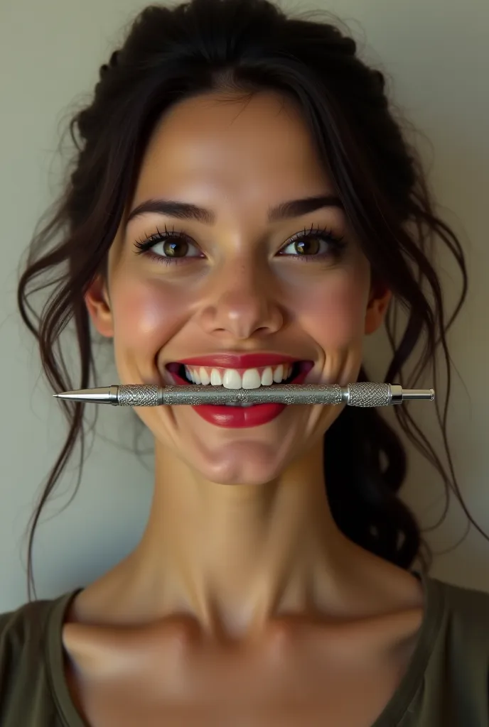 Generate a woman smiling proudly displaying an intricate pen permanently glued between her teeth 