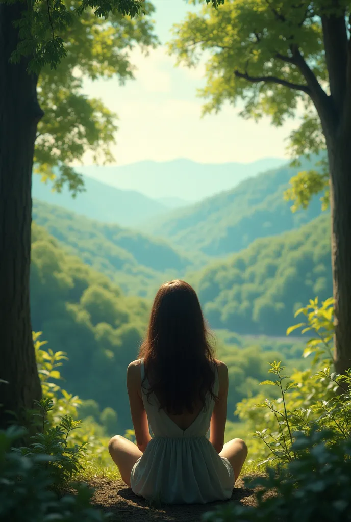 A woman sitting with her back to the, facing a beautiful view of the forest