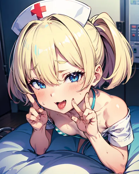 blonde bob hair blue eyed girl、hair between eyes、green striped bikini and white nurse shirt、Are you wearing high heels、Squat pose in hospital operating room、depth of field、 blushes、、 petite and slender body、 Very Small Breasts 、sweaty skin、rough breathing,...