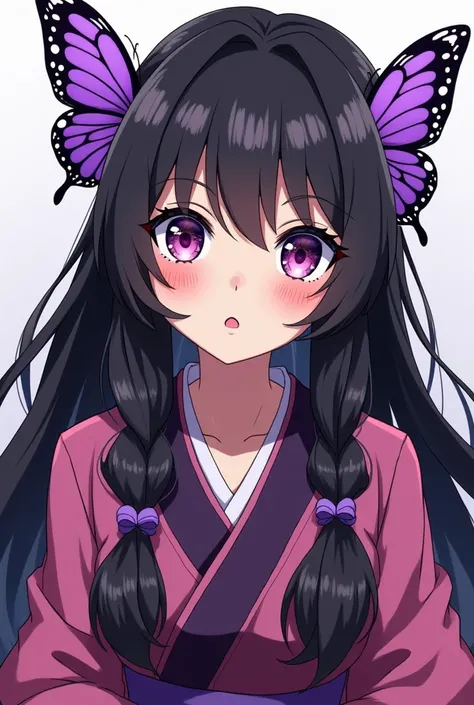 Create an anime girl character in the Demon Slayer world with Demon Slayer anime. long black hair, purple eyes. Round column hair on both sides wearing purple butterfly clips like Shinobu, long drop hair bottoms. Haori with a butterfly like a pink Shinobu....