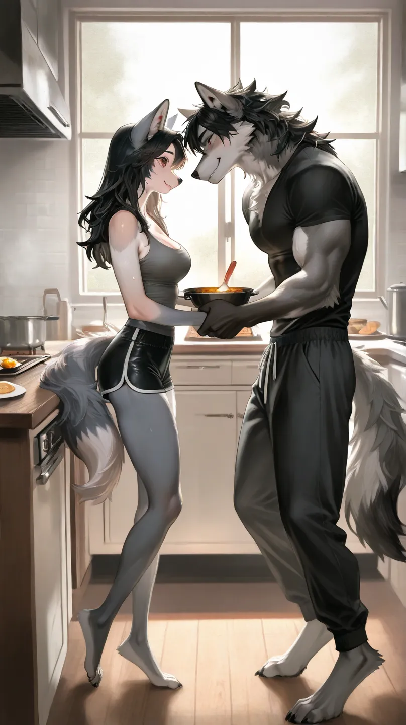 Kitchen, morning time, sun shining, window, male furry holding female furry wolf, male short hair, brown eyes, male furry muscular body, black hair, black hair, grey fur, grey fur body, long hair, furry female, long hair, brown eyes, furry snout, all spike...