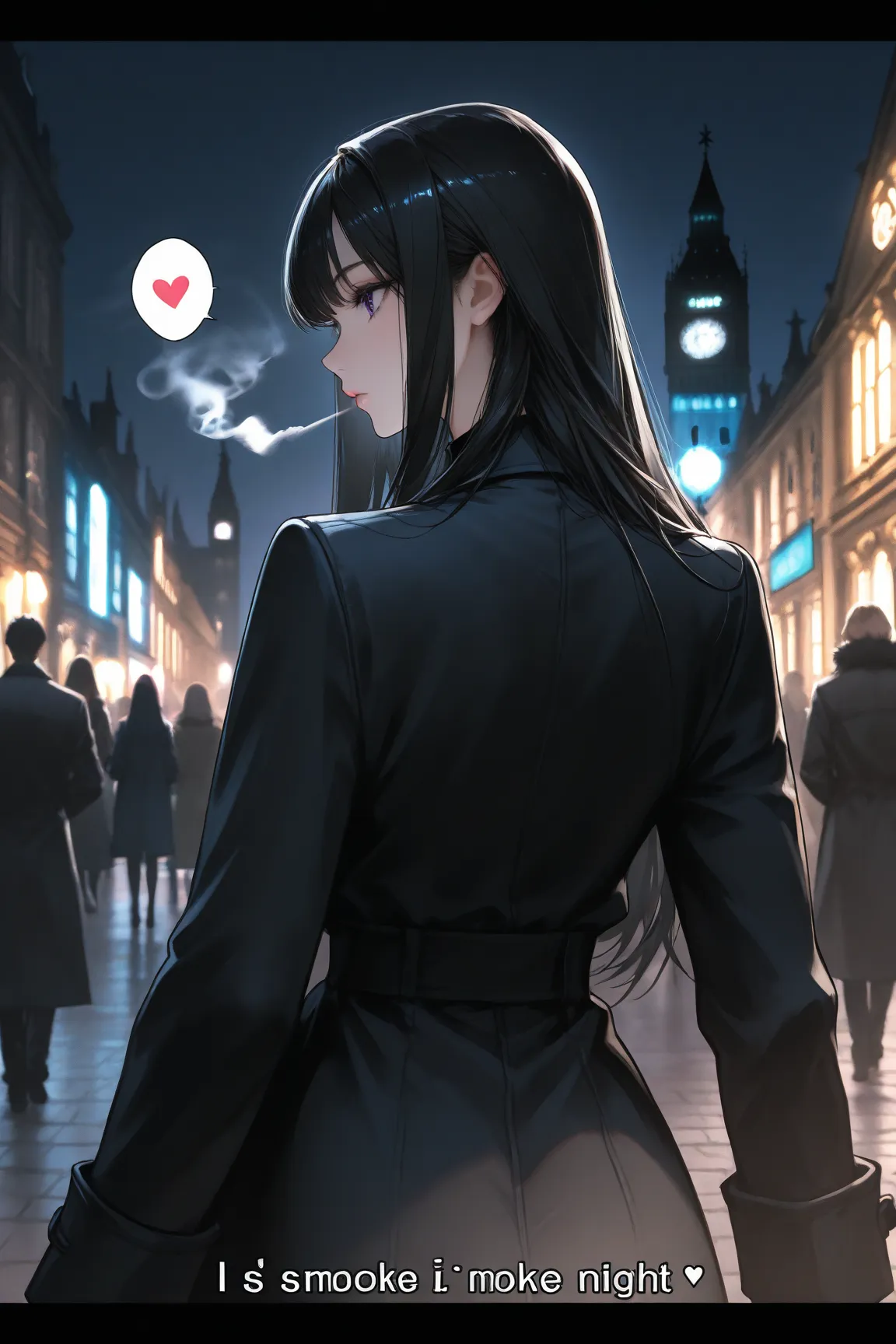  manga ,long black hair,cool beauty,London by night,Black Coat,spoken heart ,sound effect,is tall, I smoke