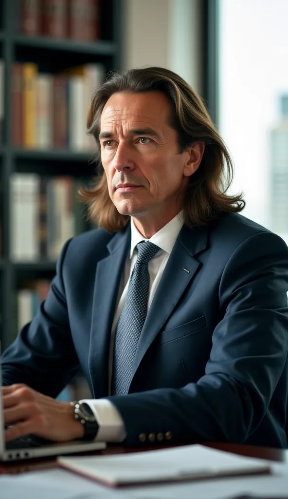 Focused man,40 years,long hair,tie suit, in her office ,detailed face,definite expression,upright posture ,discipline,resilience,photorealistic,master work, Ultra detailed,studio lighting, vivid colors,Sharp Focus,professional, Bokeh effect, campos verdes ...