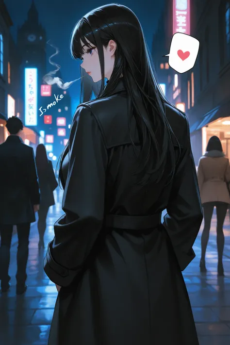  manga ,long black hair,Cool beauty,London by night,black coat,spoken heart ,sound effect,is tall, I smoke