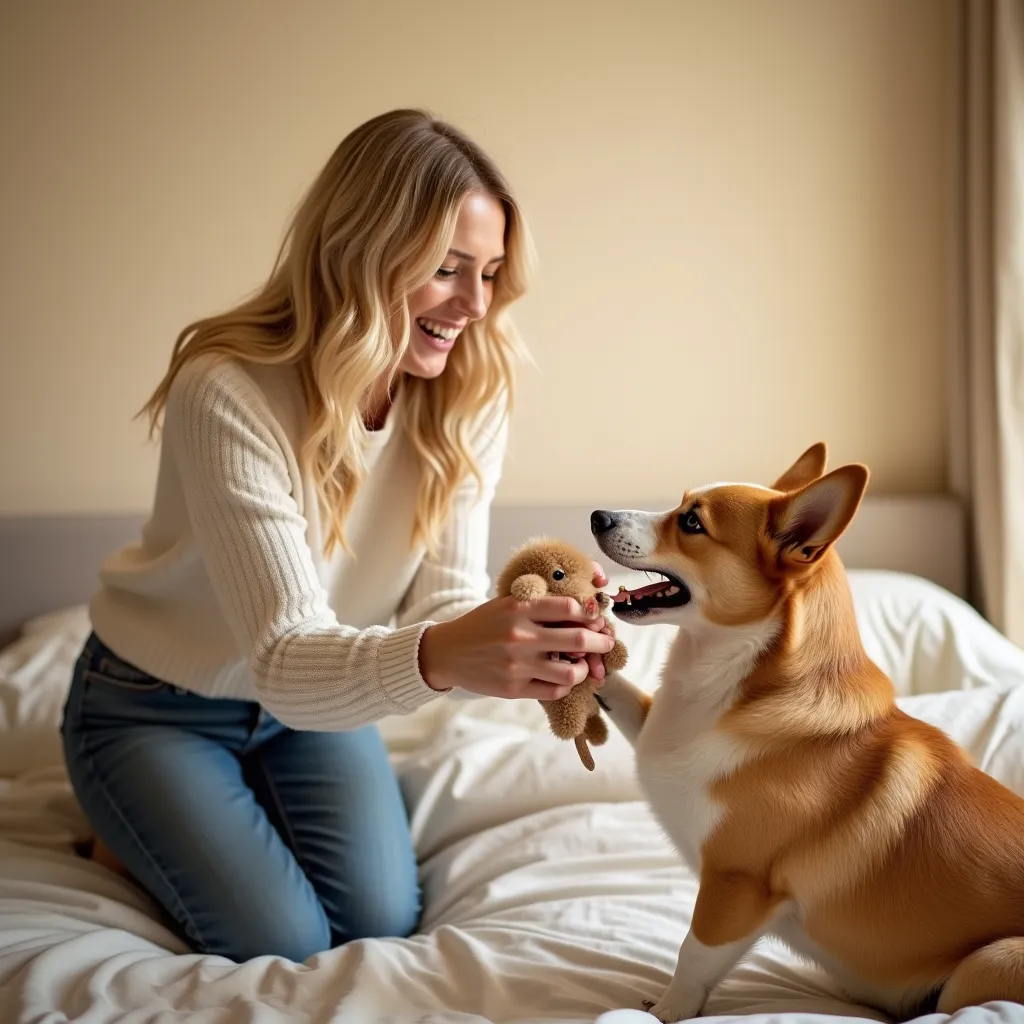 In a beige-colored ren's room, a blonde woman stands, laughs and pulls a small toy out of a corgi's mouth. The corgi is hanging on the toy and trying to snatch it from the woman's hands. A cheerful situation, a cozy warm atmosphere.