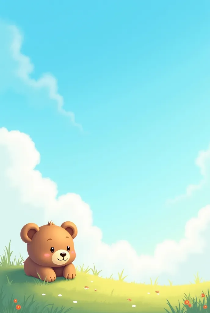 Create a image with sky colour background and in a corner there is a small bear