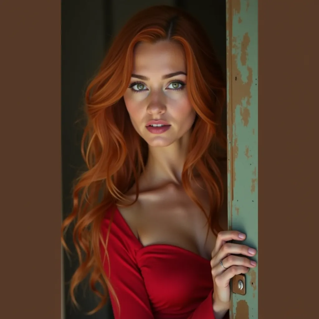 Create an image of a young white woman , long straight orange ginger hair , in a ponytail ,shiny textured skin, green eyes, medium lips with gloss, eyebrows done, red blush,wearing a fantasia linda de Carnaval em tons vermelhos.  Ela está em um bloco de Ca...