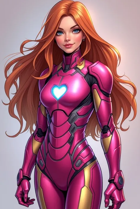 Create a persona based on this person in Marvel, a short girl, with a suit similar to that of Ironman but pink and with a heart in the center. long-haired. And make her look like an 18-year-old girl. comic style 