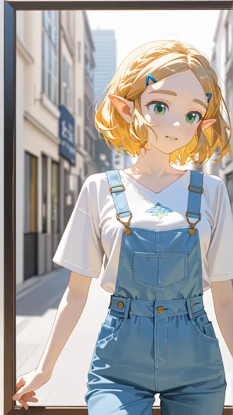 Princess Zelda in the real world wearing real-world clothes, white v-neck t-shirt