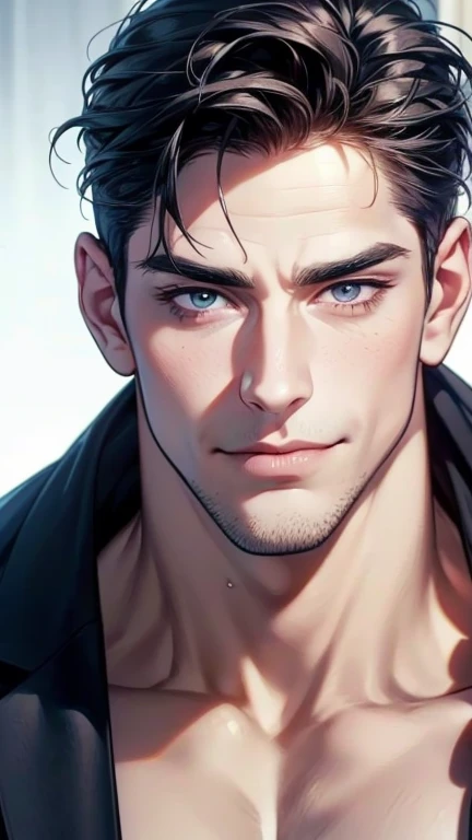 (   smiling ,4K,8k,     highres,    masterpiece:1.2),    ultra-detailed,(  Realistic,photo  Realistic,photo-  Realistic:1.37),36-year-old man,3 day beard,cute anime ,Portraits,strong,masculine,     dark hair,sharp jaw,          mesmerizing eyes          , ...