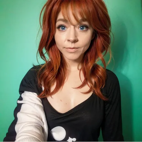 (Lindsey Stirling)  Instagram profile picture  ,  super realistic,  blue eyes, long hair,  large and pronounced bust  , with few clothes, large neckline,  the nipples are remarkable , na neve