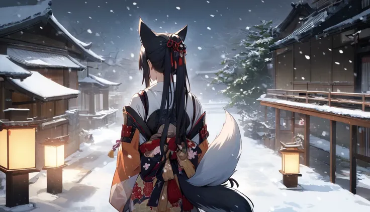 black hair, black cat ears, ponytail, japanese clothes, [japanese armor], snowing, from behind, fox tail, long hair, 1girl