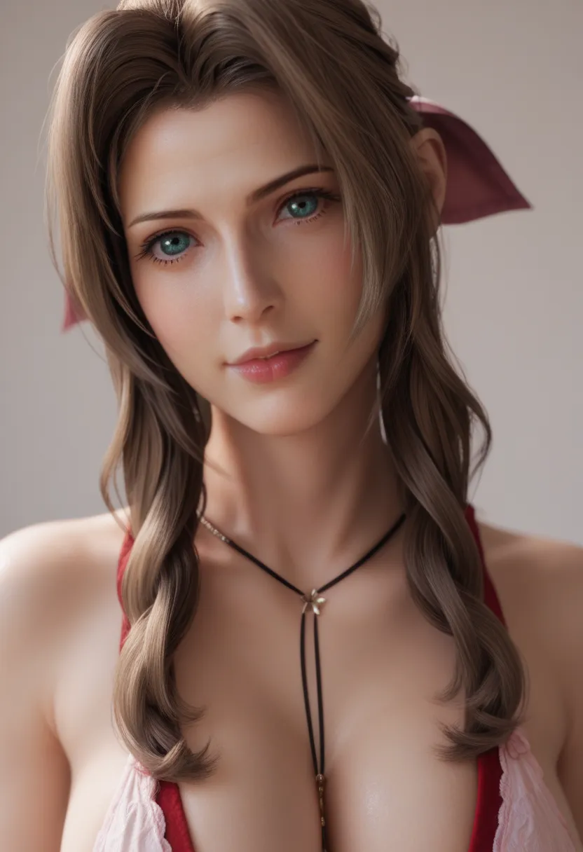 (   Masterpiece  , better lighting quality) Aerith Gainsborough,  1 girl, Aerith Gainsborough  из FINAL FANTASY , Одежда Aerith Gainsborough из FINAL FANTASY ,   big breasts, seductive pose, seductive pose идеальная анатомия, portrait on the hips of Aerith...